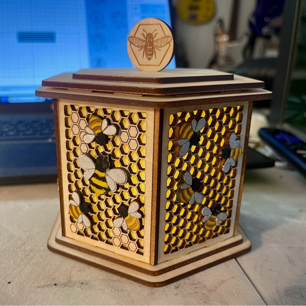 Bee Motif Hexagonal Lantern in Natural and Gold